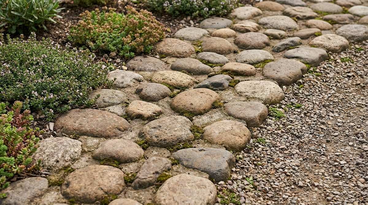 A close-up image of rounded cobblestones ranging from 3 to 10 inches in diameter, arranged as a border or accent feature in a garden setting. The stones are hand-placed to create an artisanal, Old World charm, referencing historic street paving. They are set in mortar or concrete for a formal look or loose in compacted gravel for a casual appearance, with small shadow pockets adding depth and visual texture to flat garden areas.