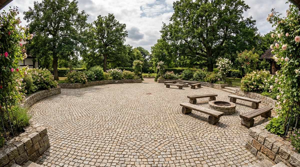 A European-style cobblestone courtyard with small granite stones arranged in geometric patterns, creating an Old World atmosphere ideal for garden weddings. The textured surface encourages guests to walk carefully and engage in conversation, with curved edges and circular gathering zones visible.