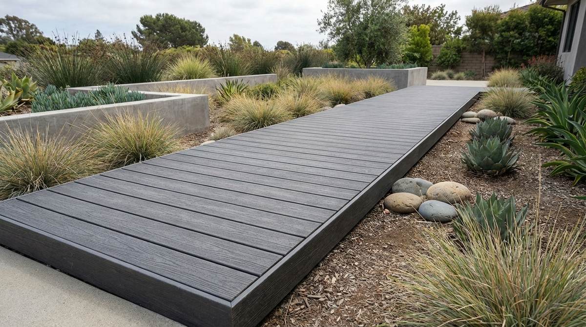 A modern composite low-profile walkway made from recycled plastic-wood materials, featuring a slip-resistant surface in dark tones to reduce heat absorption, ideal for minimalist garden designs with long spans and minimal structural support.