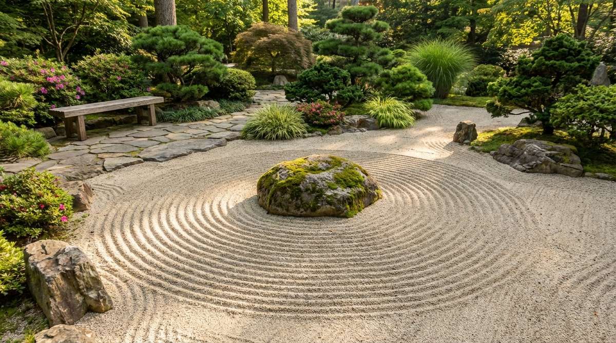 A classic zen garden sand pattern featuring perfect rings radiating outward from a central stone, symbolizing perpetual motion and meditative focus, with smooth concentric circles created by moving around a central point.