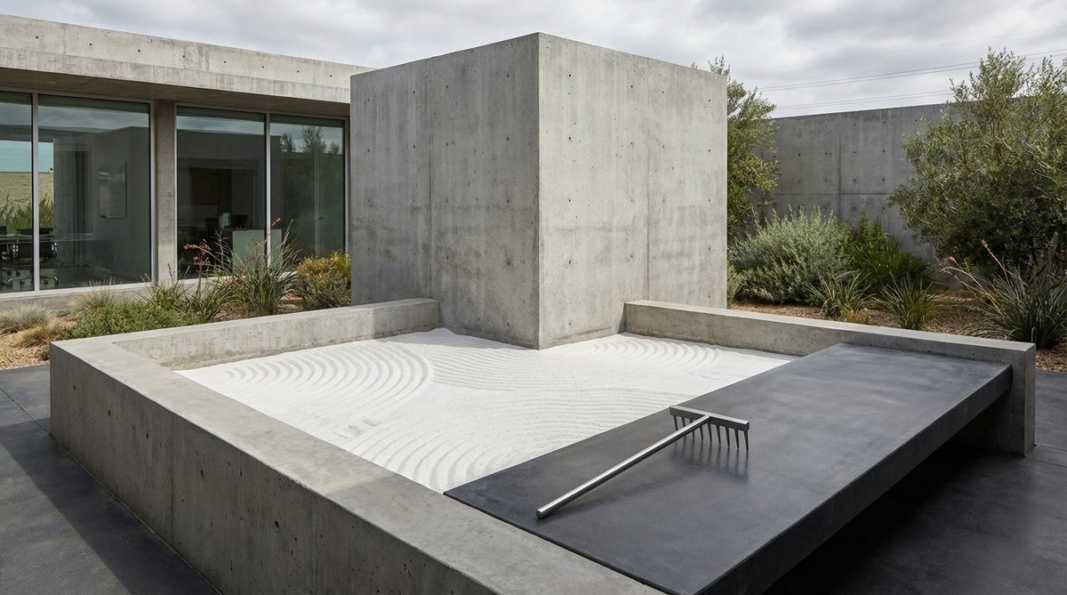 A minimalist concrete cube zen garden with white marble sand and polished steel rake. This brutalist design features sharp 90-degree angles that create visual tension, resolved through flowing sand patterns. Perfect for modern office environments with exposed concrete or industrial aesthetics, it teaches balance between structure and fluidity in problem-solving approaches.