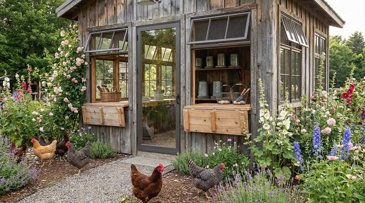 A repurposed authentic chicken coop transformed into a cozy garden retreat, featuring human-scale doors and windows with original wire mesh panels for ventilation. Interior includes fold-down counters for potting work surfaces, vintage egg baskets, and galvanized feeders as storage accessories, surrounded by heritage breed chickens and cottage garden flowers.