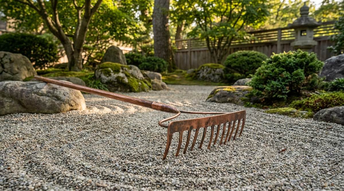 A hand-forged copper rake for electroculture in a zen garden, featuring solid copper construction with slightly irregular tine spacing that creates organic patterns. The warm patina on the copper enhances both the visual beauty and the conductive properties believed to improve energy flow in the garden space.