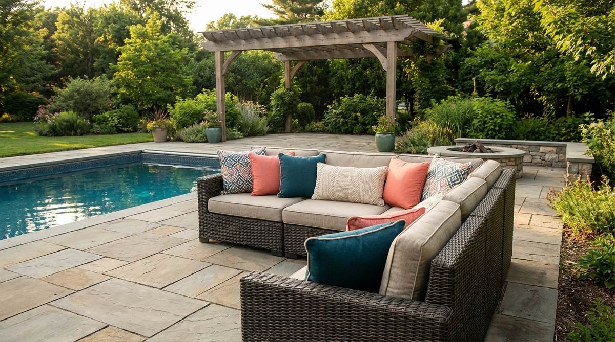 A vibrant outdoor decor pillow set featuring a coral and teal color pairing, designed for poolside or yard seating areas to create an energizing and identifiable look with balanced warm and cool tones.