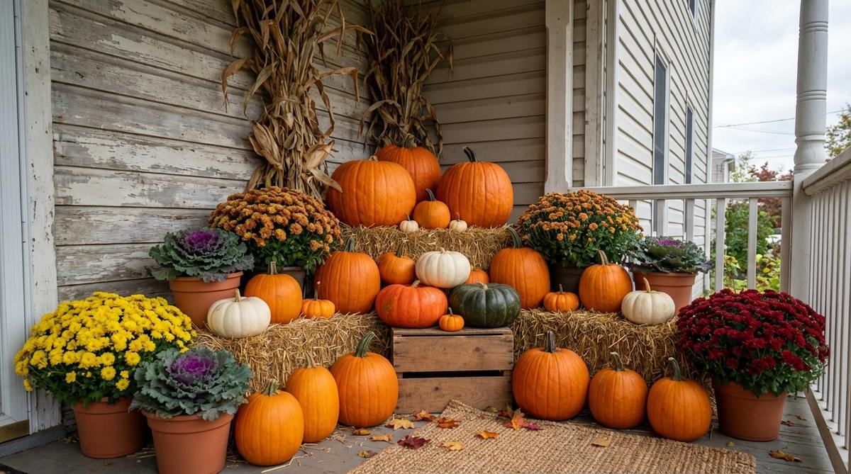 A dense arrangement in a porch corner with large pumpkins at the back, layered medium and small sizes forward, potted chrysanthemums, ornamental cabbage, and dried corn stalks against the wall, maximizing space for seasonal abundance in fall decor.