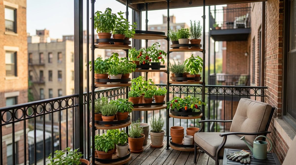 A vertical garden system using tension poles and circular shelves installed in a balcony corner, creating a space-efficient columnar display for herbs and vegetables in urban settings.