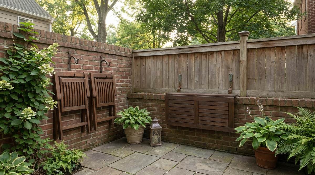 A wall-mounted drop-leaf table installed in a garden corner, with one side attached to each wall for stability. The table folds flat against the wall when not in use, with two folding chairs hanging on wall hooks nearby. This space-saving arrangement creates a versatile dining area that disappears when folded, perfect for multi-use corners in cozy garden spaces.