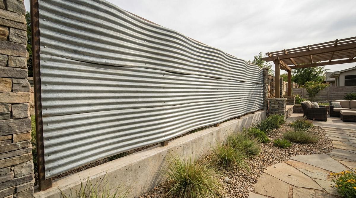 A modern outdoor decor wall featuring corrugated metal with wave patterns, showcasing undulating sheets that create texture through industrial materials. The linear ridges catch light at angles to emphasize three-dimensional form, suitable for mounting horizontally to suggest water flow or vertically for architectural columns. Galvanized finishes weather naturally to soft grays, blending seamlessly with stone and concrete elements in outdoor settings.