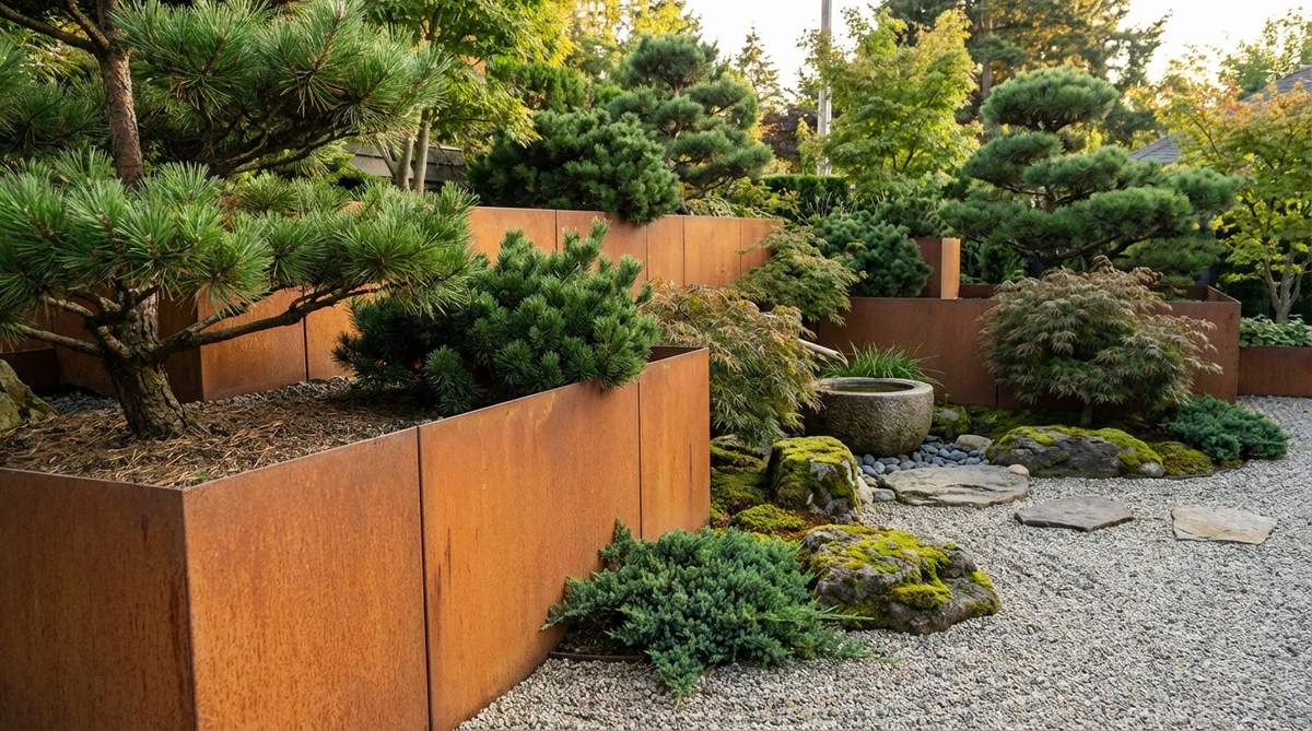 A close-up view of corten steel panels used as low retaining walls in a modern Japanese garden, showcasing their warm orange-brown rust patina that complements evergreen plantings and adds a contemporary industrial edge to the traditional landscape design.