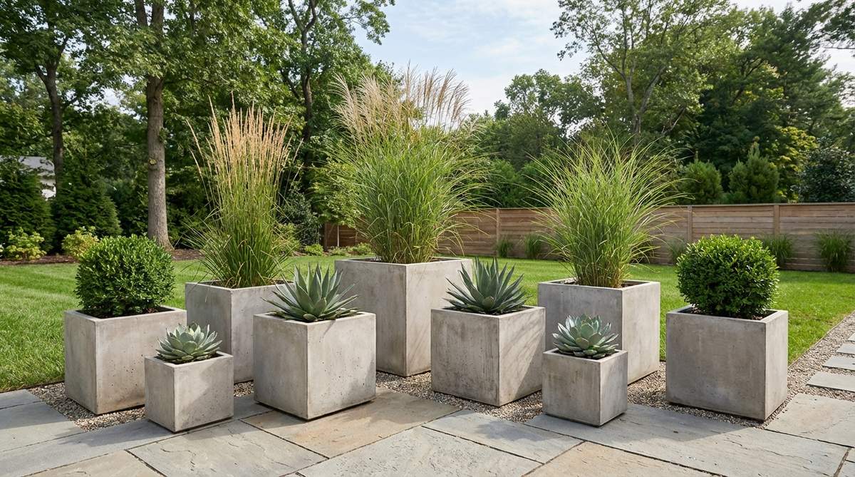 A modern garden decor setup featuring clusters of identical concrete cubes in varying sizes, arranged asymmetrically to create visual interest. The fiber-reinforced concrete planters are durable and lightweight, each planted with a single specimen like structural grasses, sculptural succulents, or clipped evergreens, emphasizing plant form as the focal point.