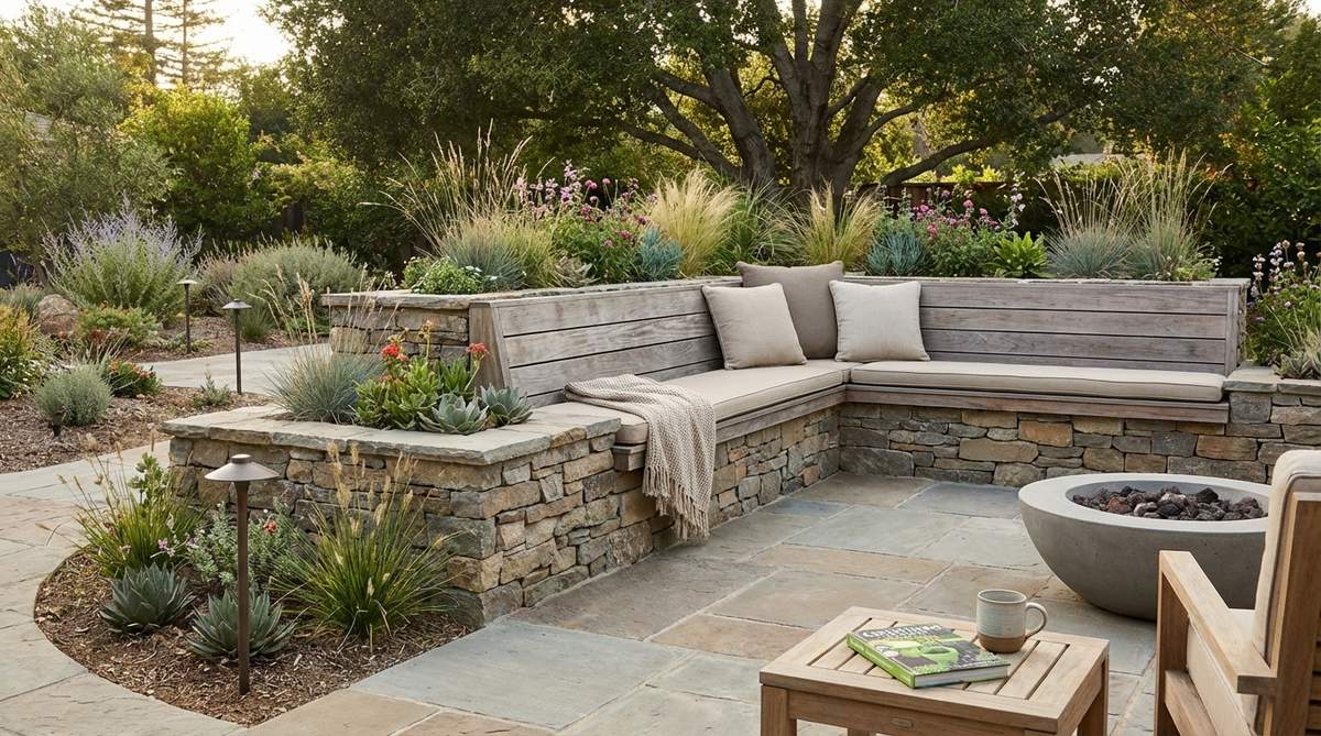 A contemporary L-shaped or quarter-circle garden bench designed to nestle into corners, creating cozy seating nooks and natural gathering spots for small groups in intimate outdoor spaces like courtyards or patios.