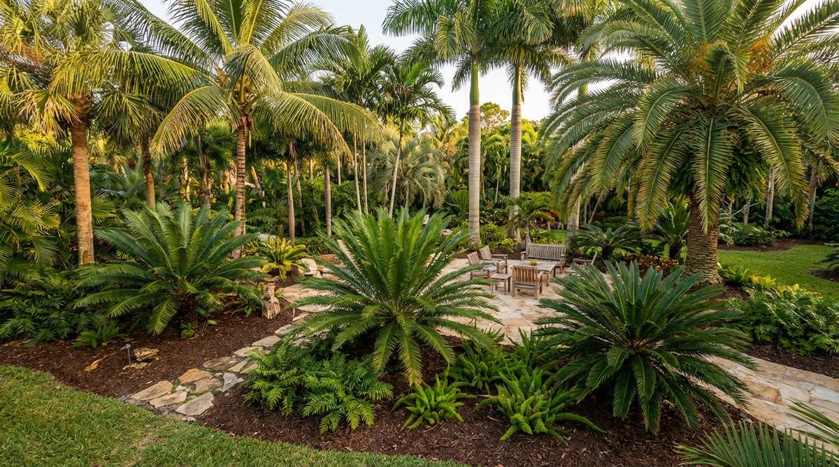 A lush tropical garden scene featuring a mixed canopy of tall palms and prehistoric cycads, such as Cycad revoluta and Encephalartos species, arranged for structural contrast with cycads as focal points beneath the palm canopy, highlighting their bold architectural forms and slow growth as permanent design anchors.