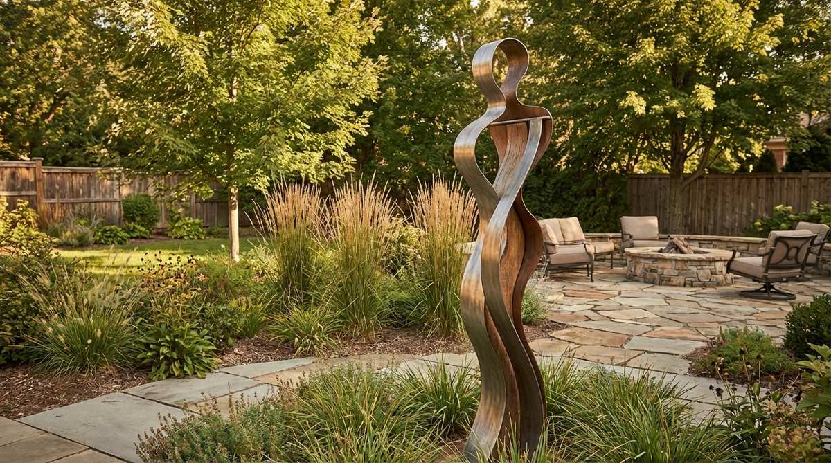 An abstract human form sculpture made from weatherproof materials that moves gracefully with wind currents, creating a silent dance performance in a garden setting. This contemporary kinetic installation explores movement and form through minimalist design, enhancing meditative qualities in outdoor spaces.