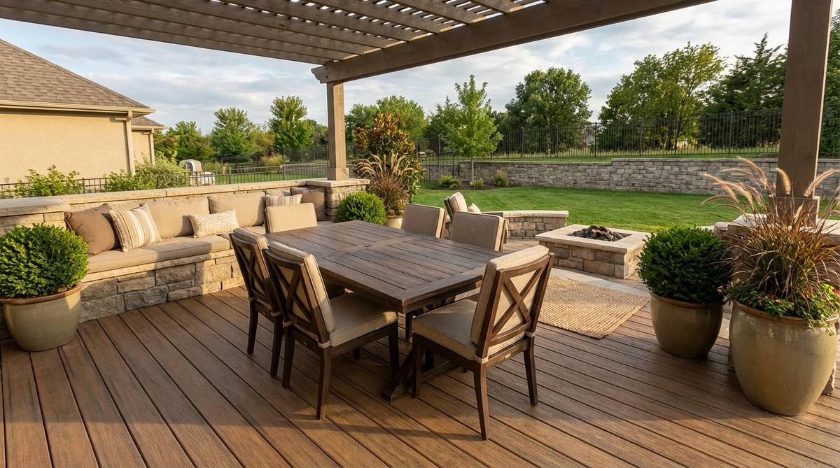 A stylish outdoor patio decor setup showing a dining table rotated 45 degrees off the main axis to create dynamic angles and visual interest. Lounge seating is positioned along one straight edge, contrasting geometric and organic arrangements. This diagonal orientation makes rectangular patios feel more spacious by drawing the eye along longer sight lines, ideal for narrow spaces measuring 12 feet wide or less. The angled placement naturally creates triangular zones perfect for accent plants or decorative elements, with adequate clearance for chair pull-out at all table corners.