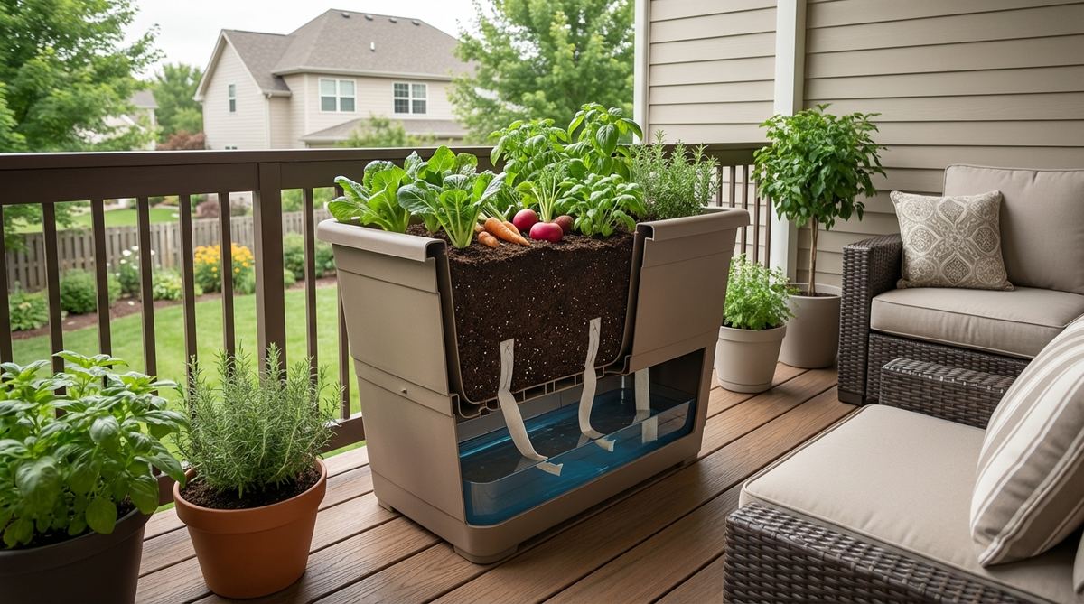 A double-wall wicking planter showing the inner growing chamber and outer water reservoir system, with fabric wicks transferring moisture through capillary action. Ideal for balcony gardens with inconsistent watering schedules.
