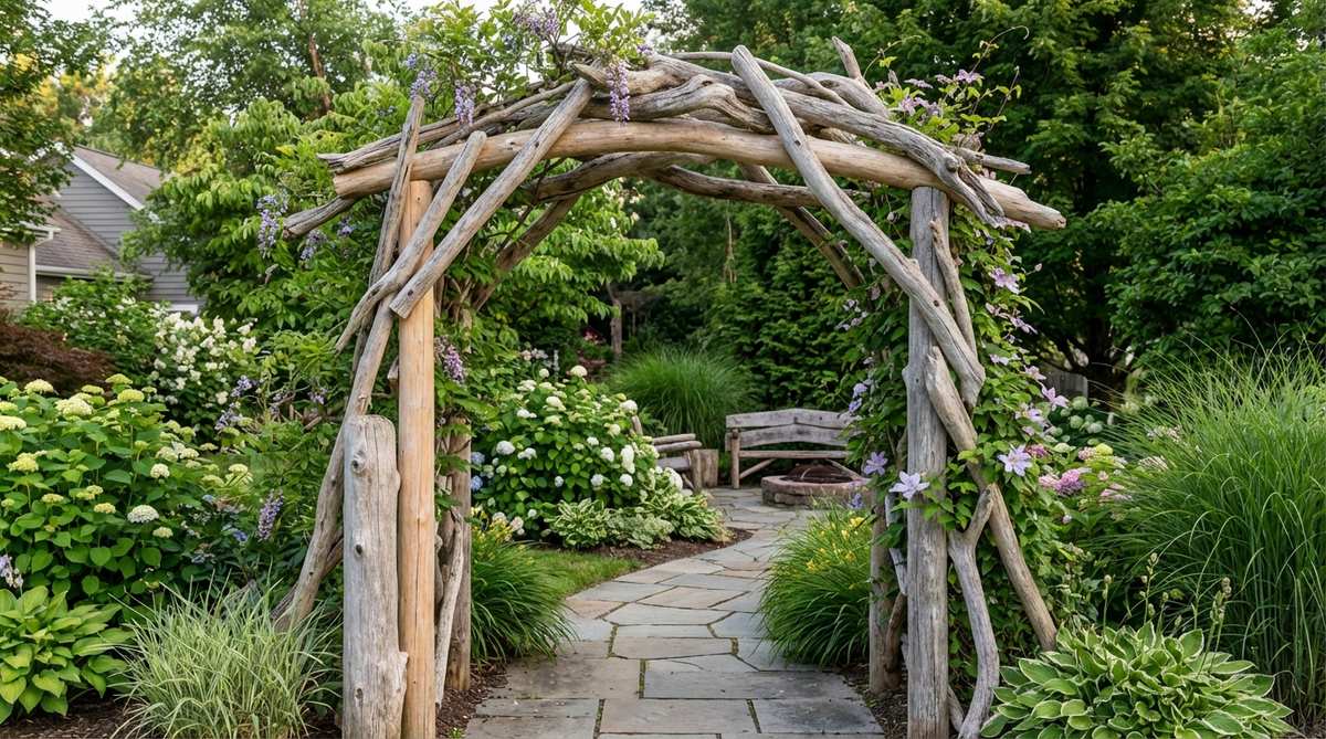 A sculptural driftwood garden arch made from two large upright branches connected by curved pieces, lashed with wire to form an overhead arc. It is anchored in gravel-filled post holes for stability, positioned as a garden entry feature framing a view, with fairy lights draped for evening ambiance and lightweight vines trained for seasonal color. The arch remains beautiful year-round, ideal for coastal or cottage-style gardens.
