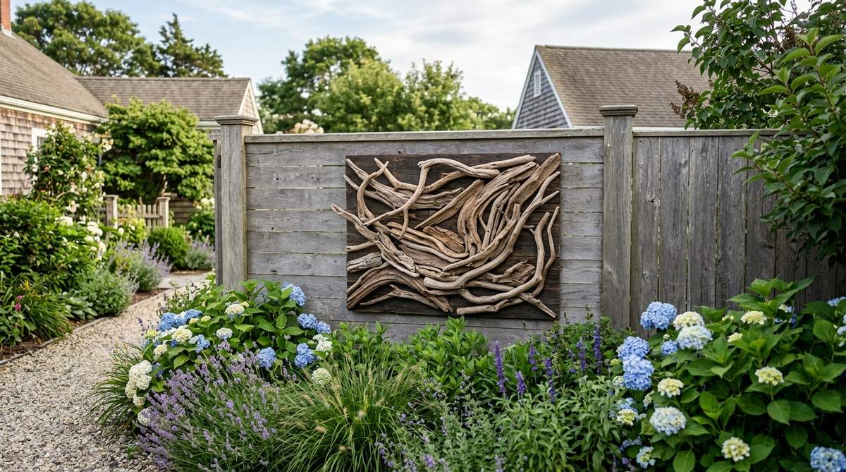 A dimensional wall sculpture made from driftwood branches arranged on weatherproof backing, featuring interesting curves and textures, ideal for garden fences or shed exteriors to create a coastal cottage appeal.