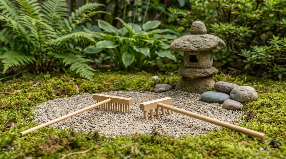 A set of two miniature rakes for zen gardens, featuring different tine configurations. One rake has fine teeth for creating delicate ripple patterns, while the other has wide teeth for producing bold wave designs. These tools are used during meditation sessions to provide varied tactile experiences and represent different mental states or meditation phases.