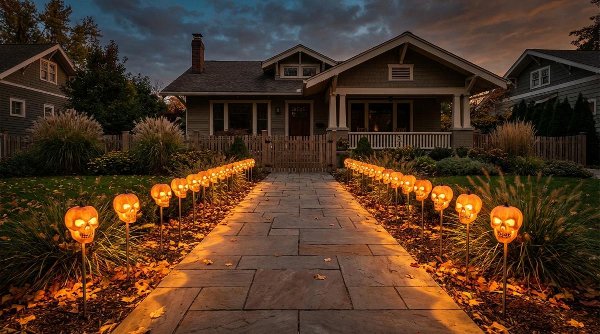 A double row of glowing skull lanterns illuminating a concrete walkway for Halloween decor, creating a dramatic and thematic pathway with stake-mounted or retrofit lights spaced evenly for safety and visibility.