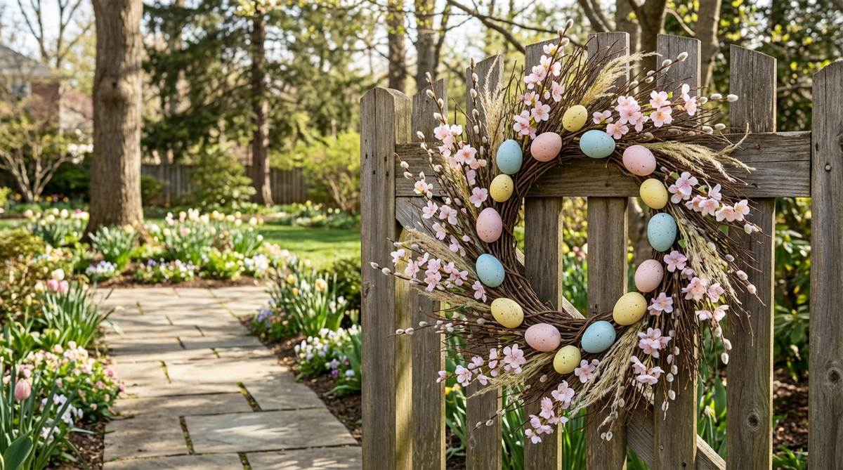 A decorative Easter wreath featuring pastel-painted artificial eggs nestled among cherry blossom or dogwood branches on a grapevine base, with wispy dried grasses or pussy willows to soften edges, ideal for outdoor decor.