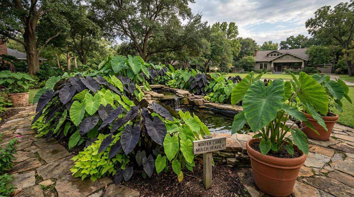 A lush tropical garden scene showcasing elephant ear plants with large heart-shaped leaves, creating dense ground cover to suppress weeds. Dark and chartreuse varieties provide striking color contrasts, ideal for damp areas near water features or as thriller components in containers. The image highlights the jungle-like density and practical maintenance tips for cold climates.