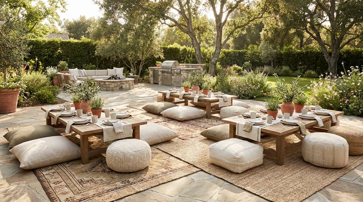 A stylish garden party setup featuring low dining tables with floor cushions and poufs, creating a casual luxury atmosphere perfect for Mediterranean or bohemian themes. The arrangement includes vintage rugs or outdoor mats to define the dining zone, with layered textiles in natural fibers adding softness and protection.