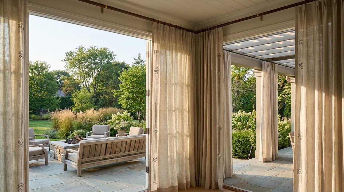 Natural linen curtains with subtle embroidered details, softening windows and filtering light beautifully in a modern boho style. Features understated elegance with embroidery in slightly darker tones and simple brass or wood rods.