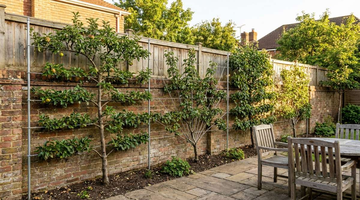 Illustration showing wire frameworks training fruit trees into flat, two-dimensional forms against a wall or fence. The diagram demonstrates horizontal cordon and fan patterns with galvanized wires spaced at 12-18 inch intervals to create growth tiers, highlighting how these structures maximize fruit production in narrow garden spaces.