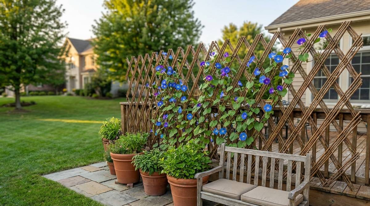 An accordion-style willow screen trellis extended to full width along a patio or deck, showing natural willow texture that withstands weather without treatment. Annual vines like morning glories are trained through the diagonal weave for seasonal color, demonstrating adjustable coverage from 3 to 6 feet for small garden applications.