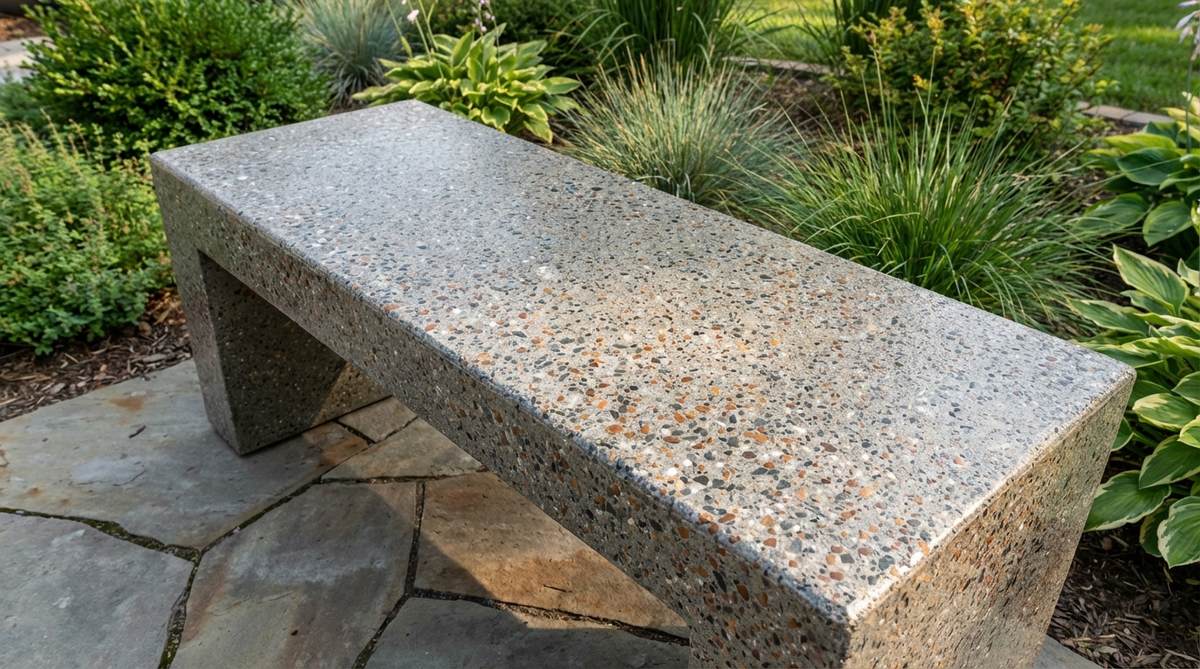 A close-up view of a modern garden bench with an exposed aggregate finish, showcasing decorative stone aggregates like river rock or crushed granite that add color and sparkle to the concrete surface. The finish is achieved by washing the concrete 6-8 hours after pouring to reveal the aggregates, which are matched to the landscape palette—gray granite for cool tones or red rock for warm schemes. The bench is sealed after a 28-day cure for durability and aesthetic appeal.
