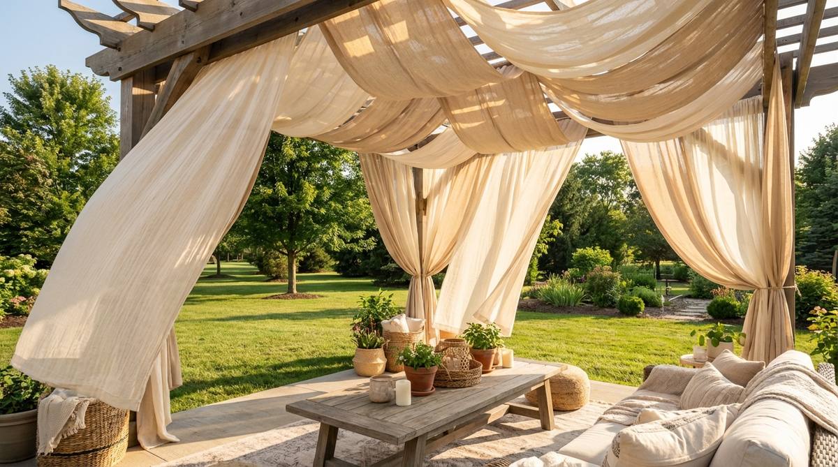 A boho-inspired birthday decor setup featuring flowing fabric canopy overhead draping. Lightweight muslin, gauze, or linen fabrics are suspended from pergola beams or tree branches, creating billowing canopy effects in neutral tones that filter sunlight while maintaining an airy feel. The fabric movement in gentle breezes adds dynamic visual elements, providing practical shade without blocking airflow for warm weather celebrations.