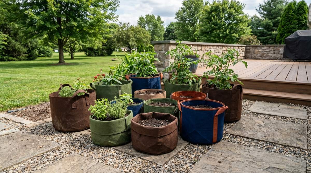 A cluster of fabric grow bags in varying sizes, arranged on a terrace to promote air pruning and prevent waterlogging, with folded edges for shallow-rooted plants and full extension for deep-rooting vegetables, in earth-tone or bold accent colors for flexible garden design.