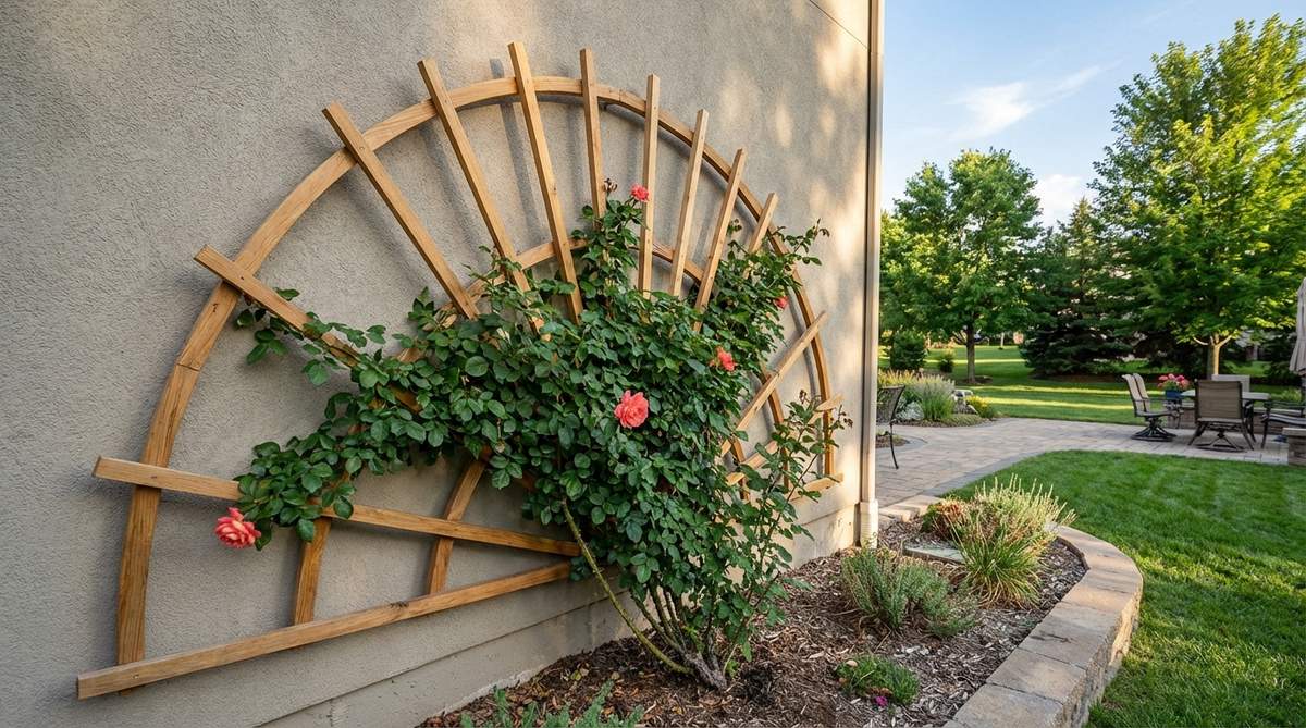 A fan-shaped trellis mounted on a wall, guiding climbing rose canes outward and upward in a garden design. The trellis is spaced from the wall to promote air circulation, with a single rose planted at the base center, illustrating natural growth and maintenance for roses reaching 6-8 feet.
