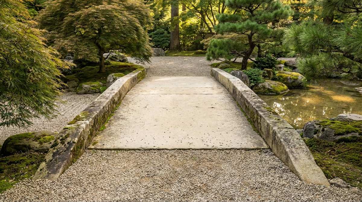 A flat limestone bridge with low side curbs in a zen garden, featuring warm cream tones that soften transitions between pathways and water features. The low 2-3 inch curbs define the crossing without handrails, maintaining unobstructed views. Positioned with a slight taper at the ends to integrate into surrounding gravel paths, the limestone shows natural weathering with moss and patina that blends the structure into mature garden settings.
