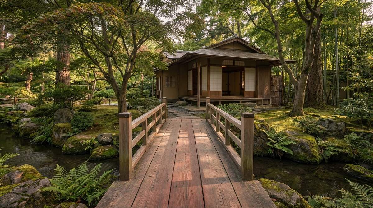 A horizontal red cedar beam bridge with minimal railings spanning a garden stream, creating strong directional movement toward a tea house in a traditional Japanese garden setting.