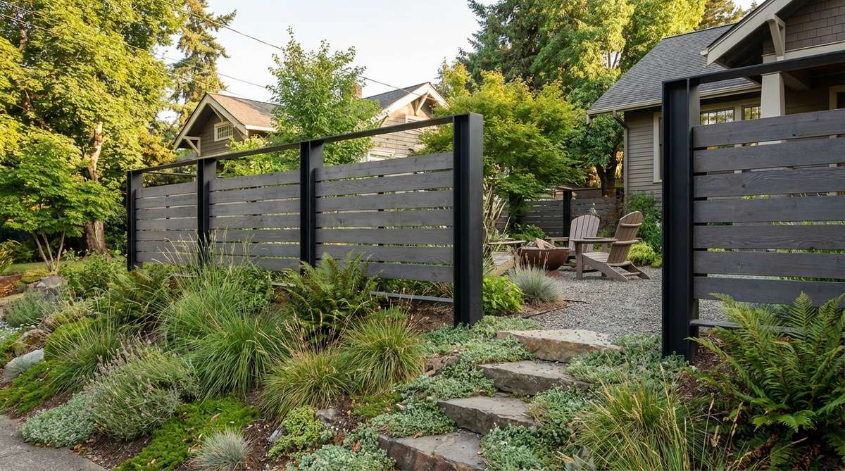 A modern garden fence featuring floating horizontal panels suspended between vertical posts with gaps at the top and bottom, allowing plants to grow beneath for a softened base. Ideal for sloped properties with industrial-style matte black steel or aluminum posts.