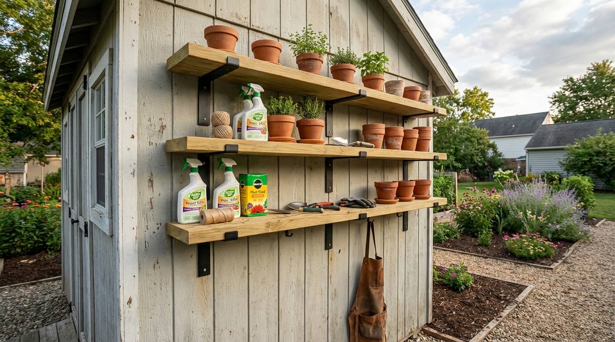 A floating shelf array installed on the wall of a small garden shed, featuring heavy-duty outdoor-rated brackets and shelves made of metal or treated wood. Shelves are spaced 12 to 16 inches apart, holding pots, gardening chemicals, and small tools for easy access and organization, maximizing vertical space without using floor area.