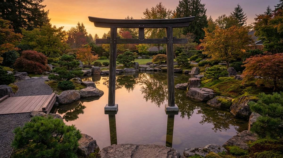 A torii gate installed in a shallow pond, creating dramatic reflections and emphasizing its spiritual function. The concrete footings extend below the water level, with posts emerging to create a floating illusion. Engineered for 30-36 inch water depth using marine-grade timber or composite materials, with stainless steel hardware to prevent corrosion. Positioned to capture sunrise or sunset reflections, doubling the visual impact during golden hours in a Japanese garden setting.