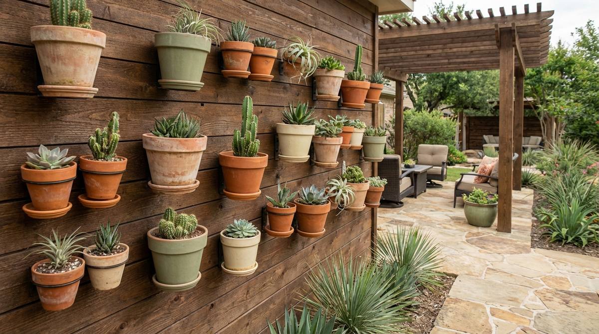 A garden decor wall featuring an asymmetric arrangement of terracotta or ceramic pots with back-mounted hardware, similar to an indoor photo gallery. Includes smaller 4-inch pots clustered near larger 8-inch specimens, with drainage holes and removable drip trays. Planted with low-maintenance succulents or air plants, and pots painted in coordinating colors or left natural for rustic appeal.