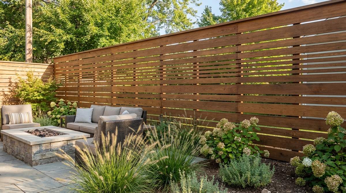 A modern horizontal fence design with graduated spacing, featuring boards positioned closer together at eye level for privacy and wider apart above and below for airflow. This functional gradient balances seclusion with reduced wind resistance, making it ideal for exposed garden sites while lowering material costs.