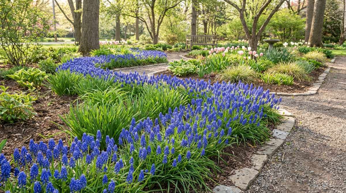 A close-up photo of Muscari armeniacum grape hyacinth flowers showing dense spikes of cobalt-blue blossoms that resemble inverted grape clusters, with the 6-8 inch bulbs blooming profusely in mid to late spring. The image captures the vibrant blue flowers planted in masses along a garden border, illustrating how they create ribbon-like displays along walkways. The evergreen foliage that emerges in fall and persists through winter in zones 4-8 is visible, providing structural garden interest during dormant months.