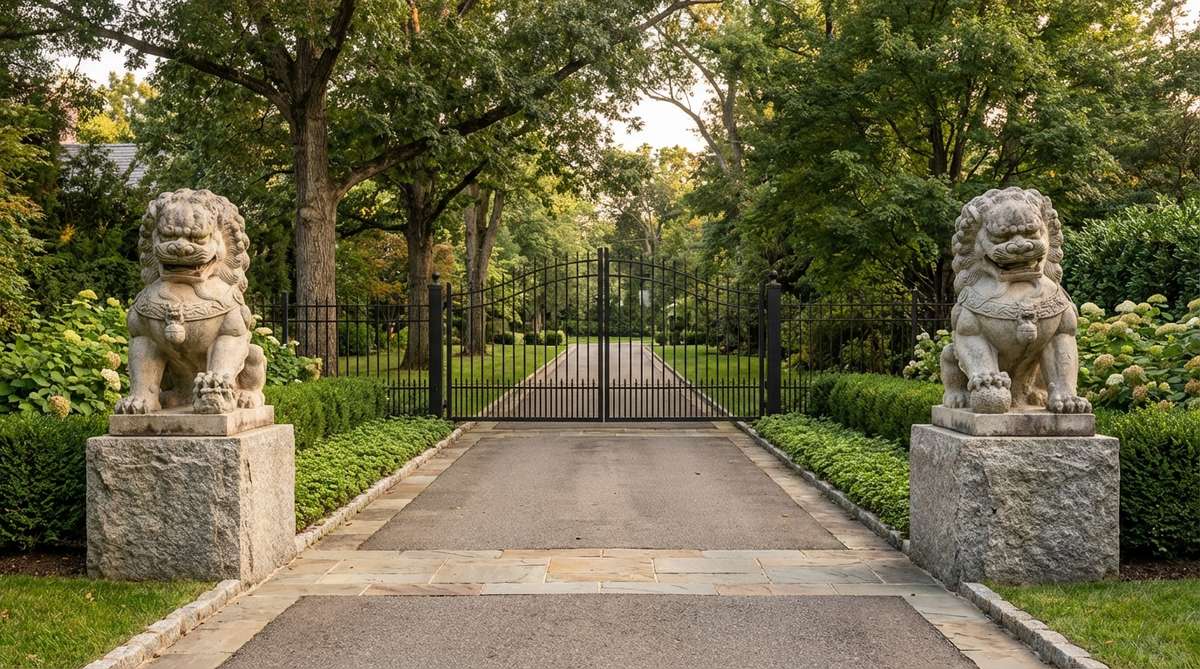 A pair of traditional Chinese guardian lion statues in stone, positioned symmetrically at a gate or driveway entrance. These statues feature intricate mane details and powerful stances, symbolizing protection and strength. Ideal for formal architectural settings, they enhance garden design by framing views and marking transitions from public to private zones.