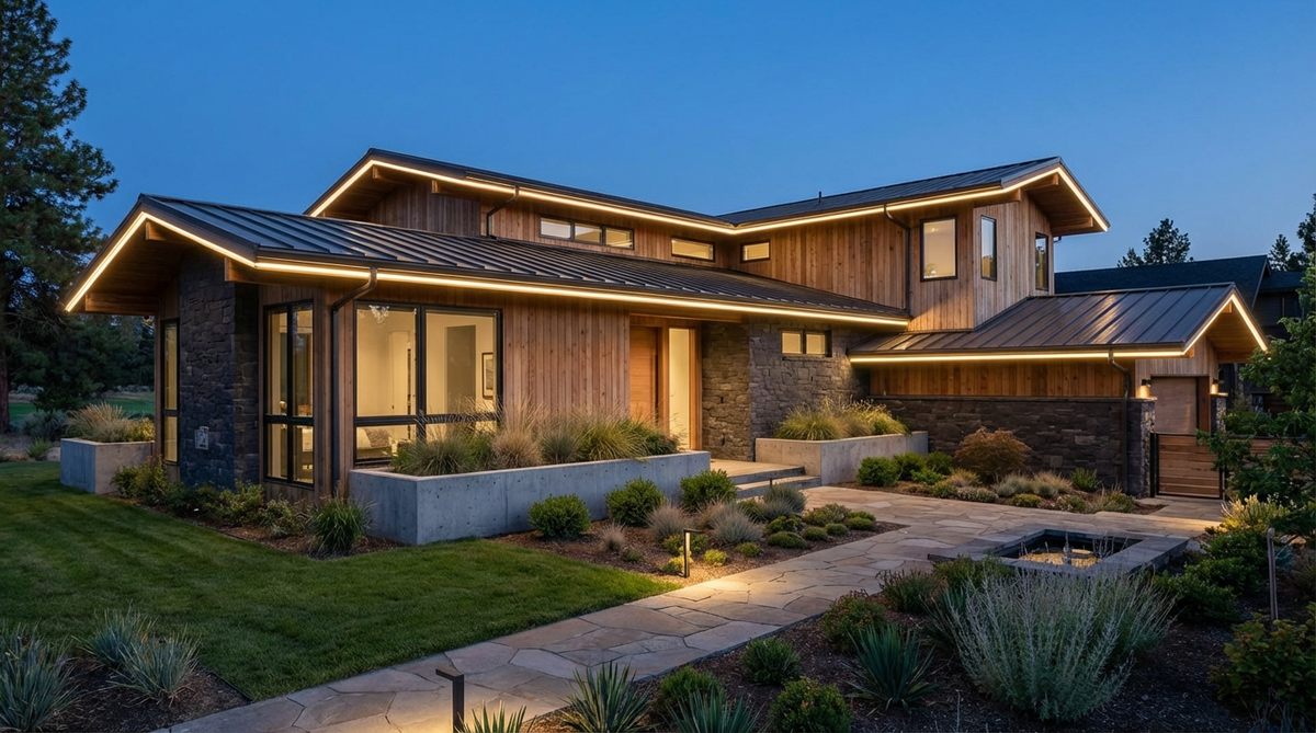 A modern home with continuous LED lights running along the gutter edges, creating a clean glowing border that defines the roofline. The streamlined illumination complements contemporary architecture as an alternative to traditional icicle lights during Christmas season.