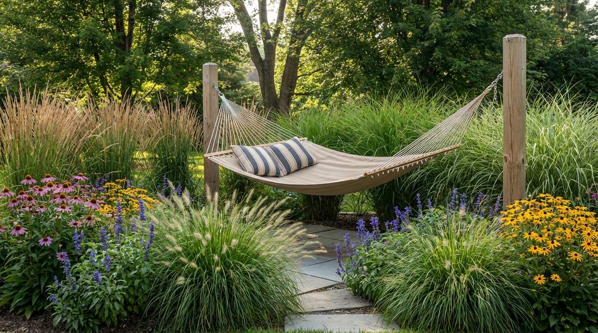 A hammock suspended between two trees or posts in a garden corner, surrounded by ornamental grasses and flowering perennials for privacy, with a gentle swaying refuge in neutral or colored tones.