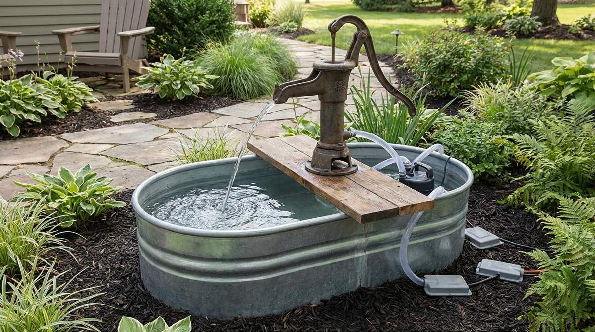 An antique hand pump fountain mounted over a galvanized tub, creating gentle water flow to mask neighborhood noise. The pump mechanism with flexible tubing connects to a submersible pump positioned on a wood board spanning the tub width. Features adjustable flow and auto-shutoff to prevent motor damage, with concealed outdoor extension cords beneath mulch using weatherproof covers.