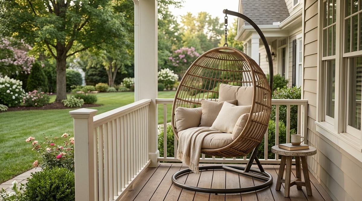 A suspended rattan egg chair on a balcony, hanging from a freestanding C-frame stand, creating a cozy reading nook with minimal floor space and weather-resistant cushions.