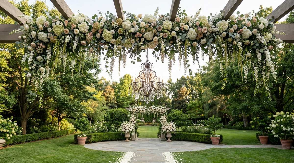 A suspended floral garland canopy creating an elegant overhead focal point in a garden wedding setting, with cascading blooms and greenery adding dimension and movement above the ceremony space, paired with a statement chandelier for glamorous contrast.