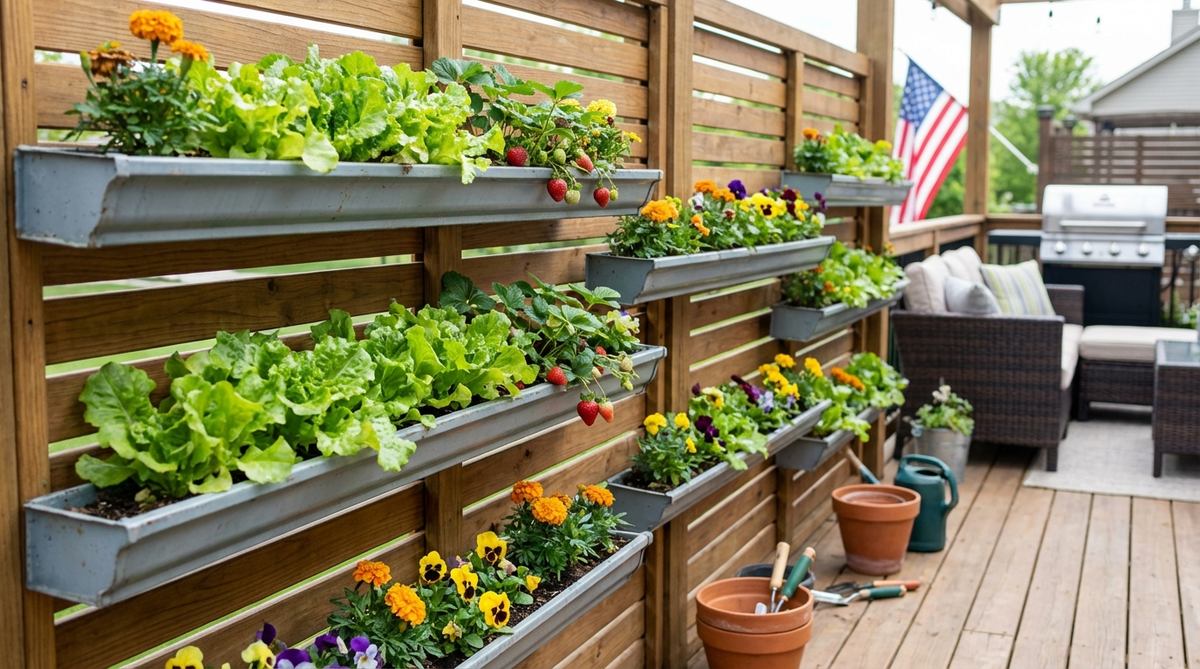 A creative balcony decor solution showing repurposed rain gutters mounted horizontally as space-efficient planters. Multiple rows at different heights create a striking linear display with shallow-rooted plants like lettuce, strawberries, or annual flowers. Perfect for edible balcony gardens, this elevated arrangement deters pests while improving accessibility.