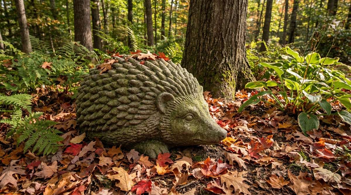 A detailed stone hedgehog sculpture nestled among fallen autumn leaves in a woodland garden setting, showcasing intricate carved spines and natural camouflage effects.