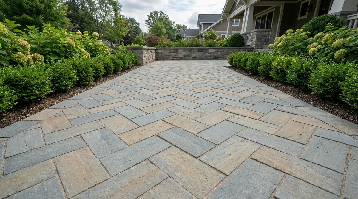 A close-up view of a classic herringbone pattern created with rectangular bluestone pavers arranged at 45-degree angles in a distinctive zigzag arrangement. The interlocking design shows consistent 6x9 inch or 12x18 inch pavers with clean cuts and tight joints, demonstrating structural integrity for driveways and high-traffic pathways. The angled layout creates visual movement that guides the eye along the walkway, complementing traditional architecture and formal garden designs.